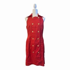 Lauren Ralph Lauren Red Linen Halter Dress Double Breasted Midi Size 10 Summer